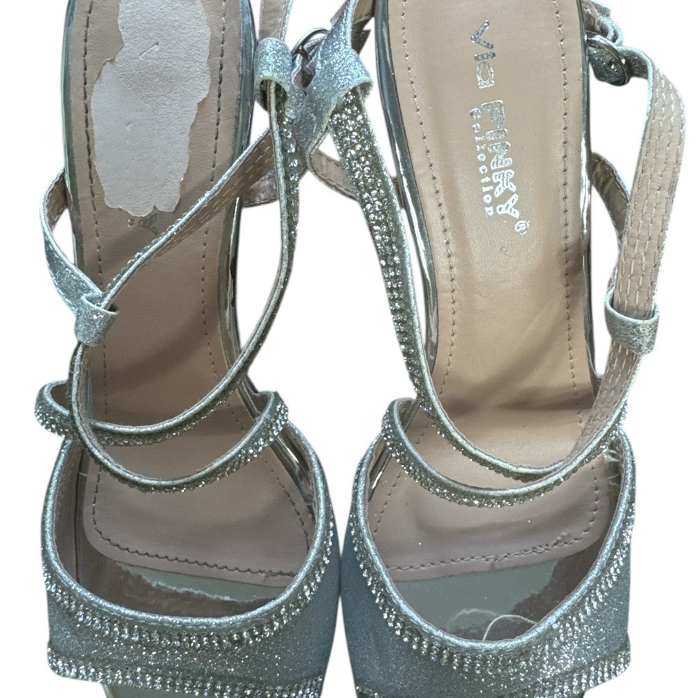Via Pinky Collection Silver Rhinestone Heels Size 8 Party Sandals - Picture 6 of 7